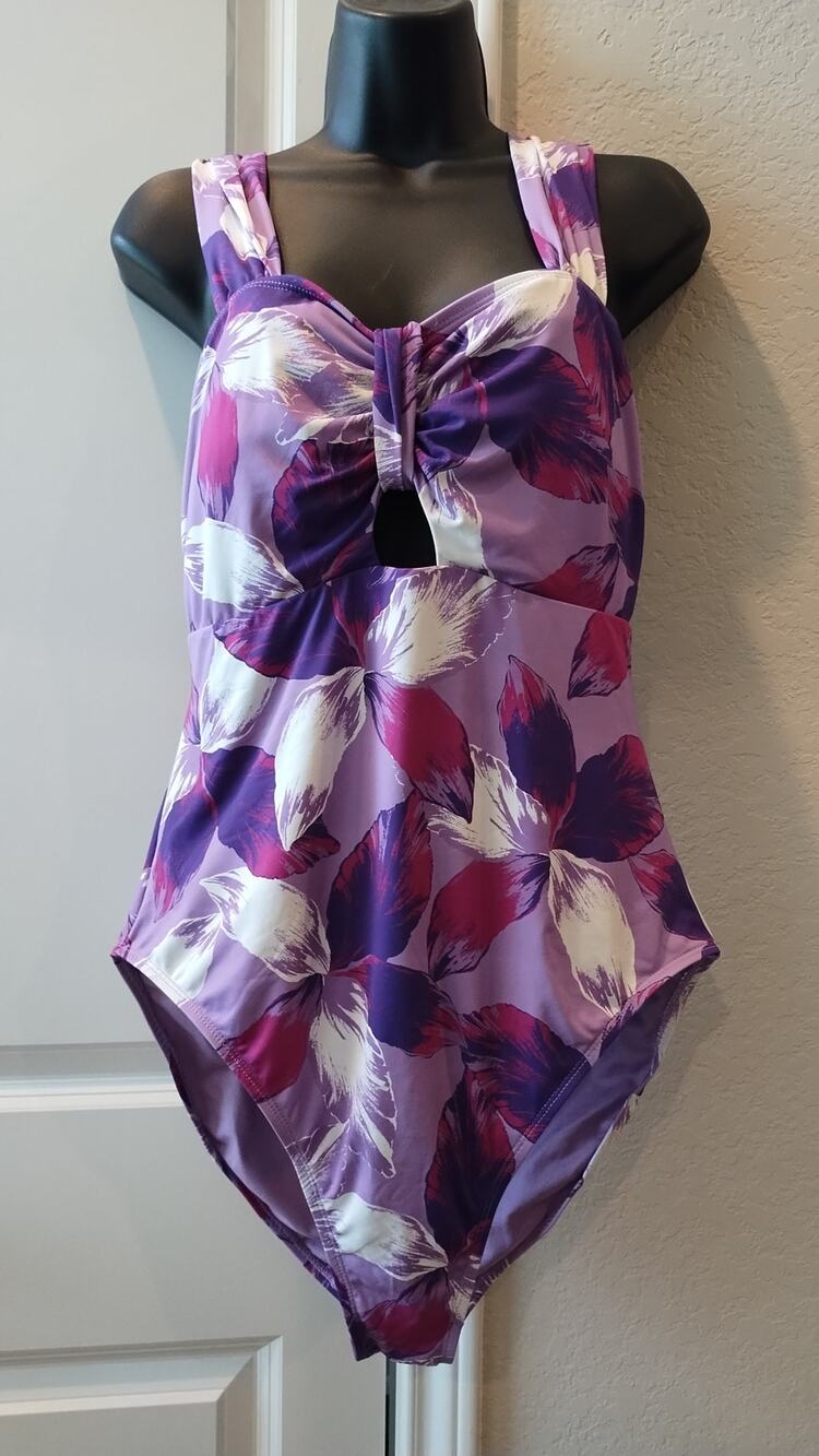 Mynah Swimsuit, Abstract Floral, Purple and Lavender Size L